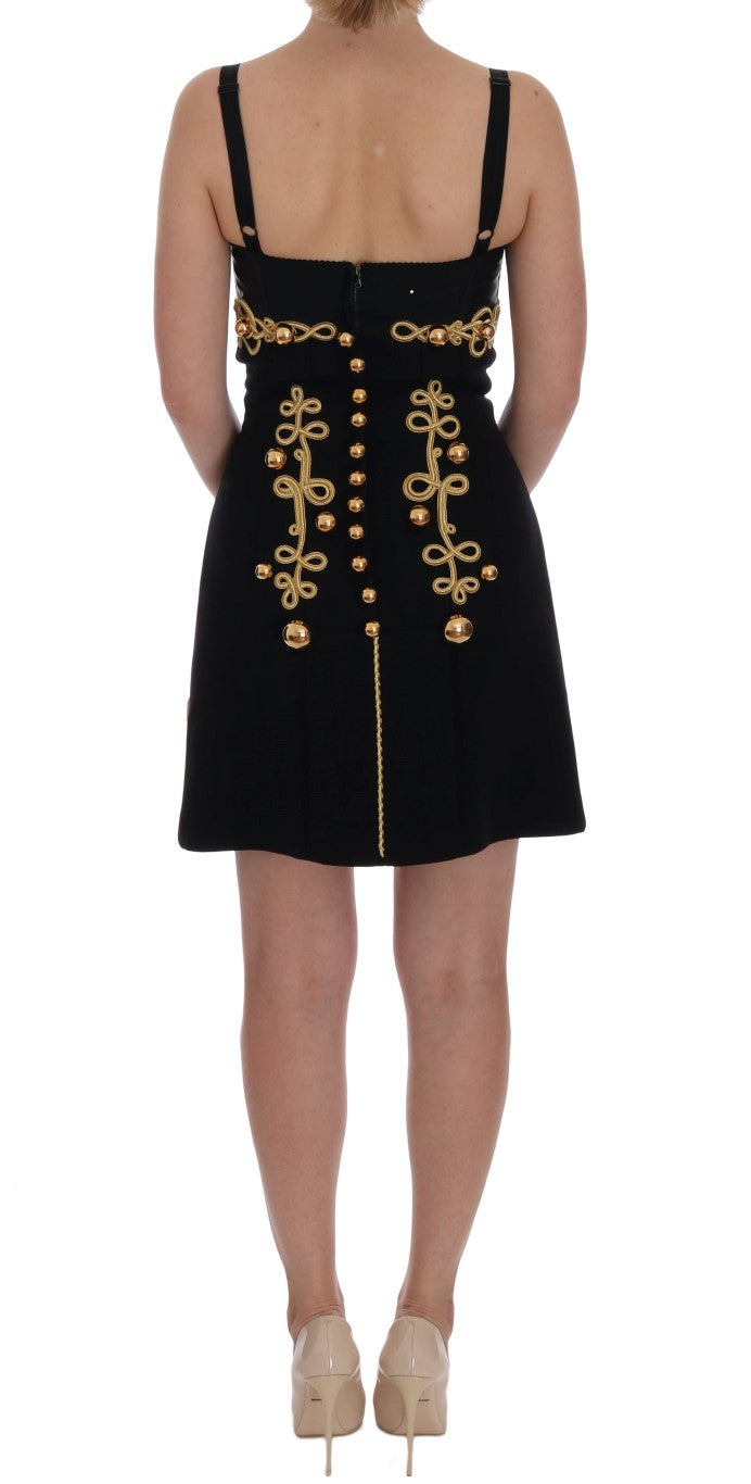 Dolce &amp; Gabbana Black Wool Stretch Gold A-Line Dress