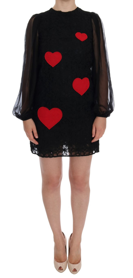 Dolce &amp; Gabbana Black Lace Red Heart Shift Dress