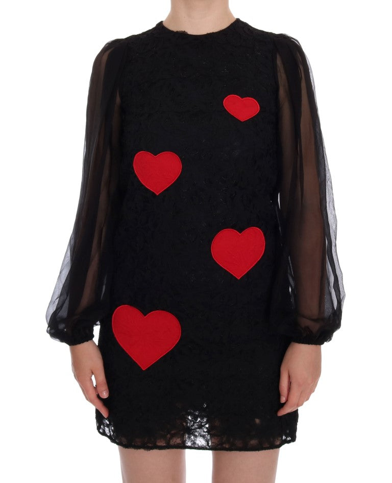 Dolce &amp; Gabbana Black Lace Red Heart Shift Dress