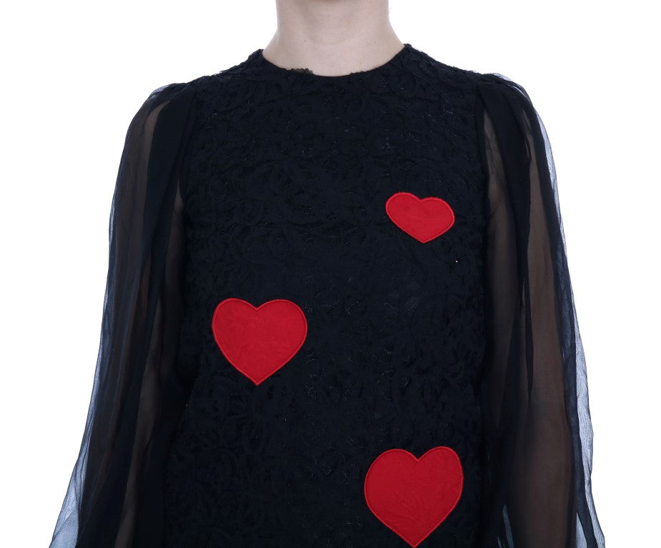 Dolce &amp; Gabbana Black Lace Red Heart Shift Dress