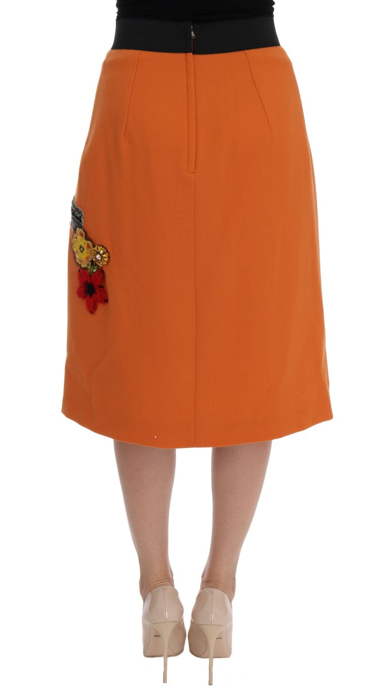 Dolce &amp; Gabbana Orange Wool Crystal Sequin Appliques Skirt