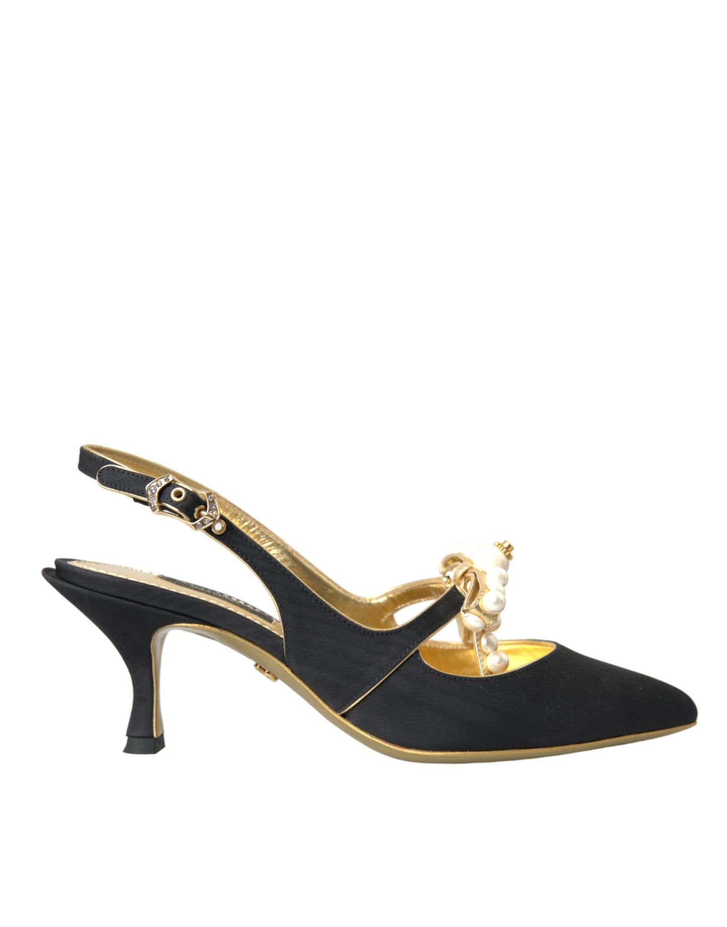 Dolce & Gabbana Black Leather Faux Pearls Slingbacks Shoes