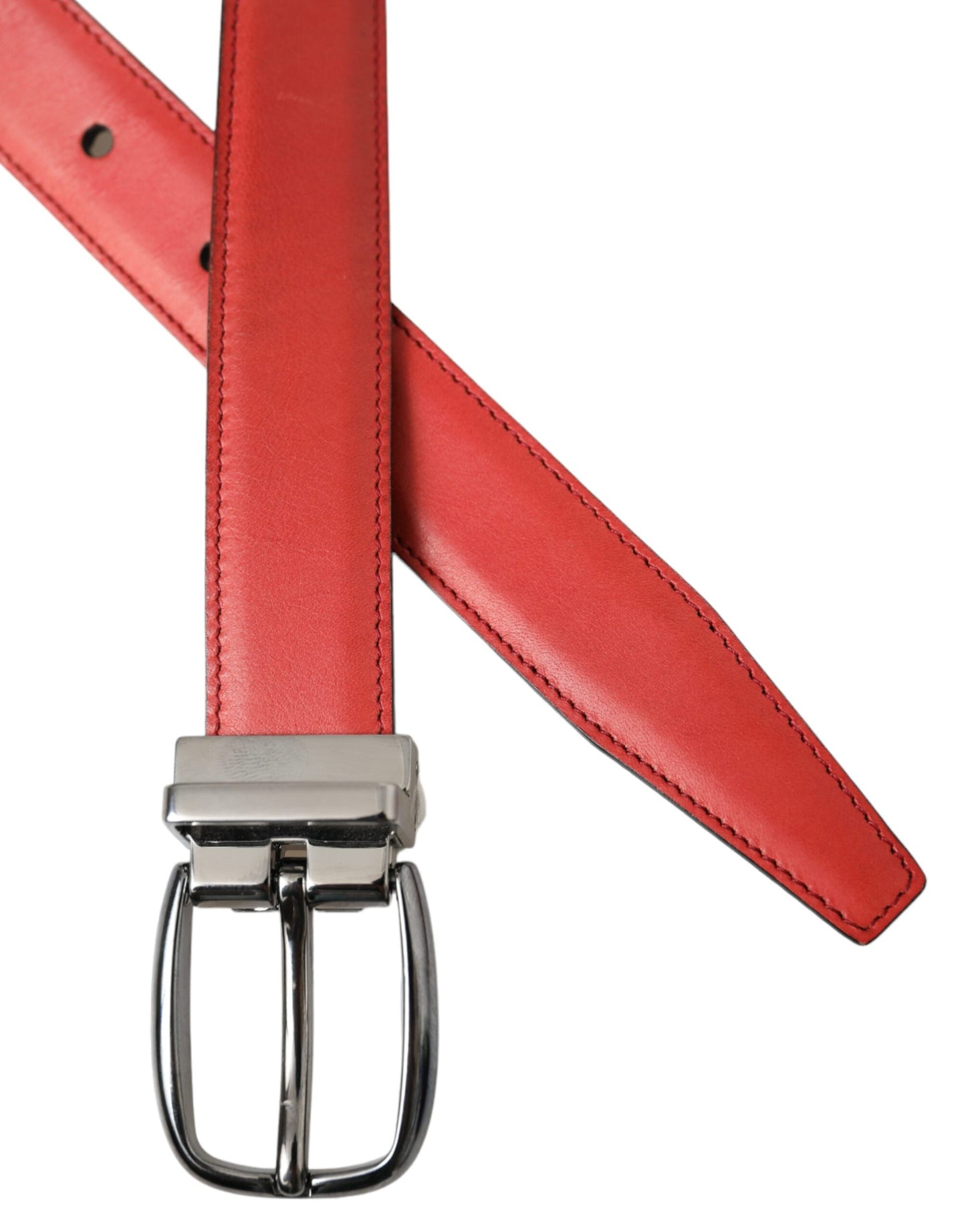 Dolce & Gabbana Red Leather Silver Metal Buckle Belt Men