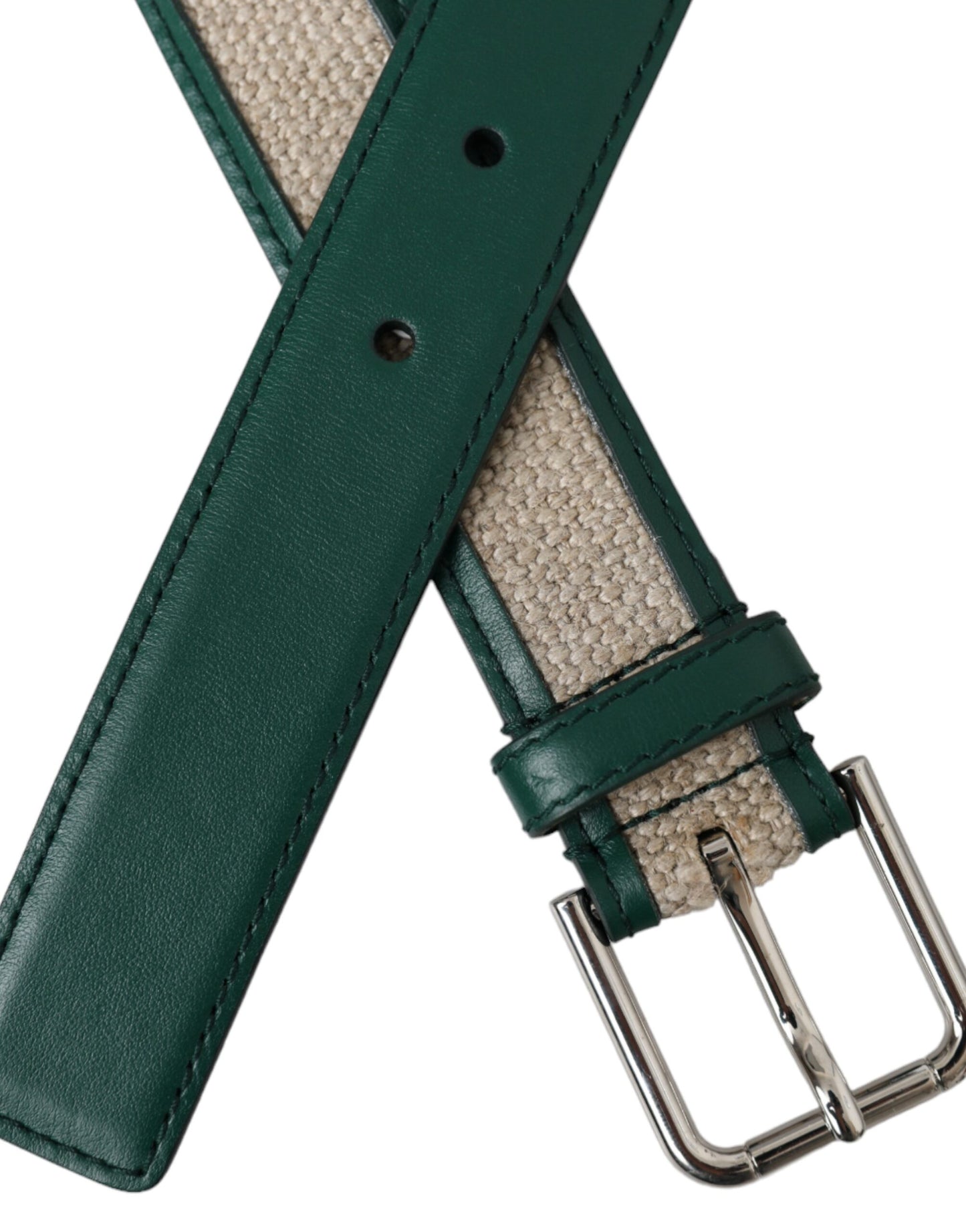 Dolce & Gabbana Green Beige Leather Weaved Metal Buckle Belt