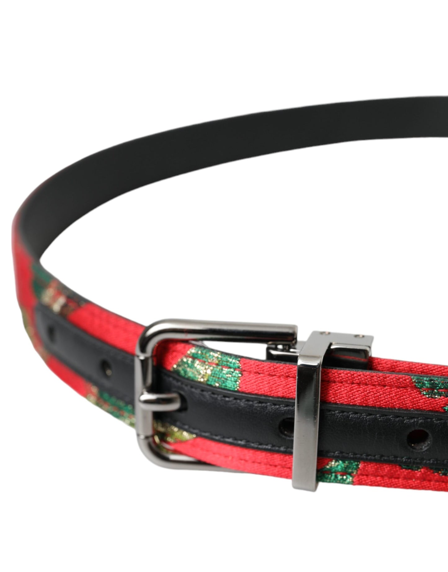 Dolce & Gabbana Red Leather Jacquard Silver Metal Buckle Belt