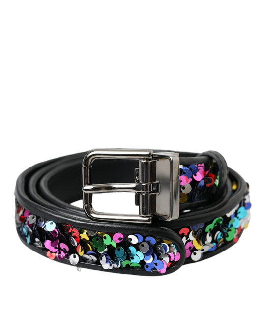 Dolce & Gabbana Black Sequined Silver Metal Buckle Women Belt