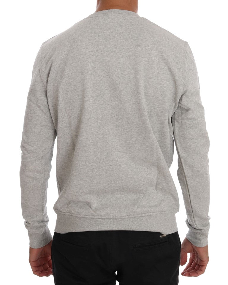 Frankie Morello Grey Cotton Crewneck Pullover Sweater