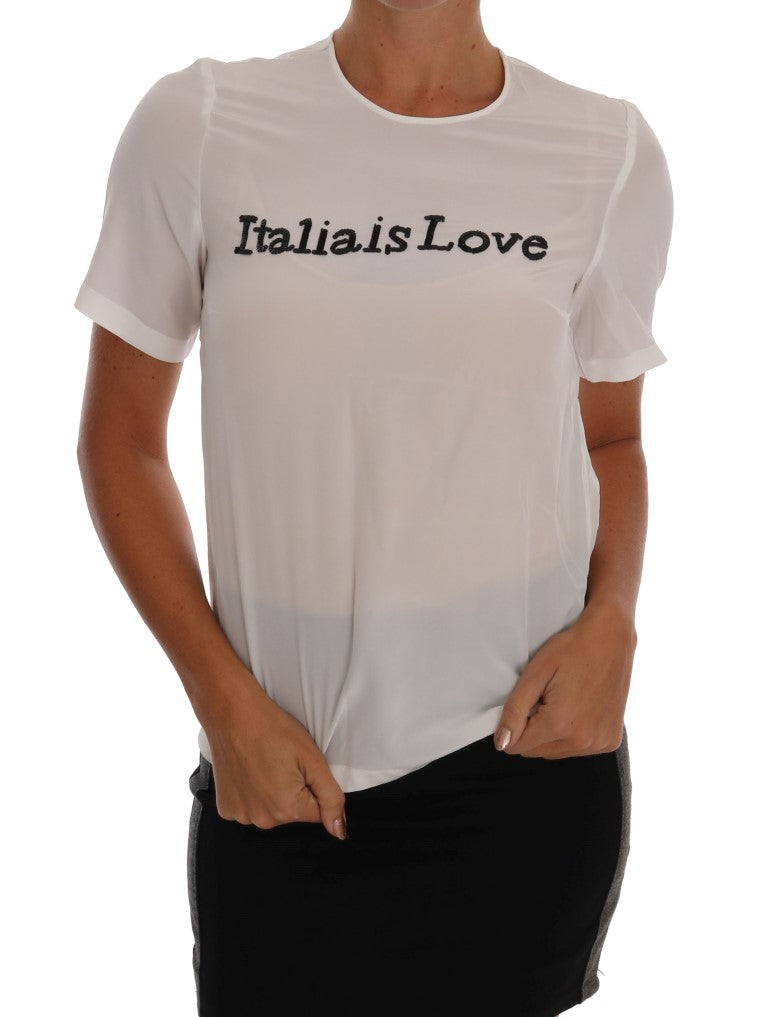 Dolce &amp; Gabbana Weißes Seidenblusen-T-Shirt „ITALIA IS LOVE“.