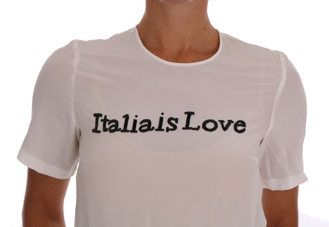 Dolce &amp; Gabbana White Silk ITALIA IS LOVE Blouse T-shirt