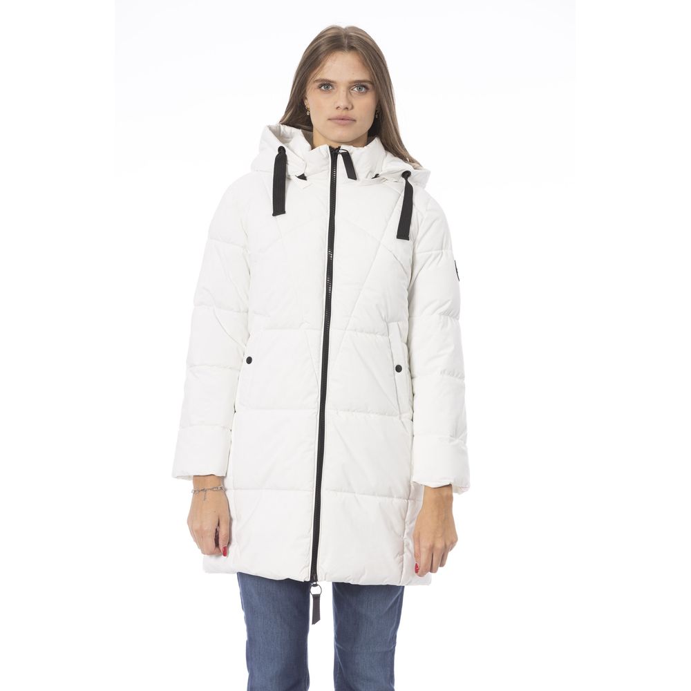 Baldinini Trend Elegant White Long Down Jacket na may Detalye ng Monogram