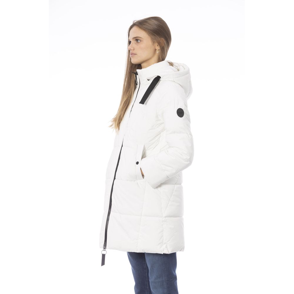 Baldinini Trend Elegant White Long Down Jacket na may Detalye ng Monogram