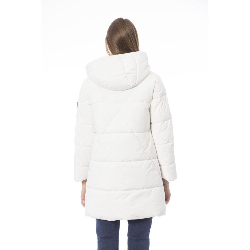 Baldinini Trend Elegant White Long Down Jacket na may Detalye ng Monogram