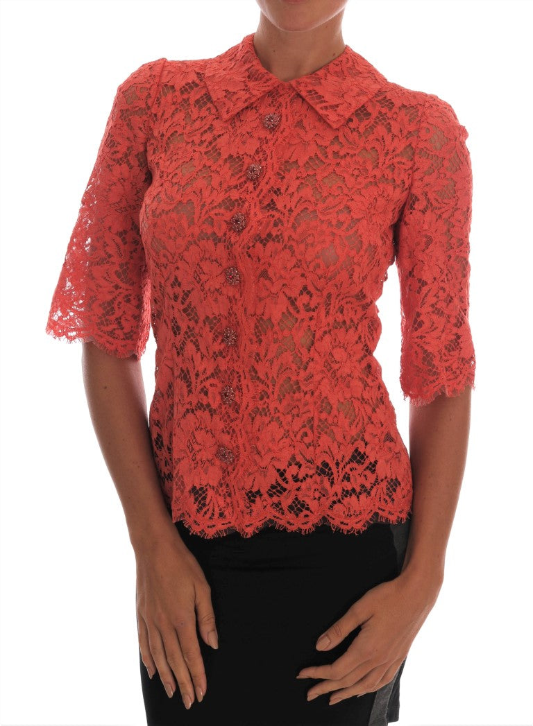 Dolce &amp; Gabbana Orange Crystal Buttons Floral Lace Blouse