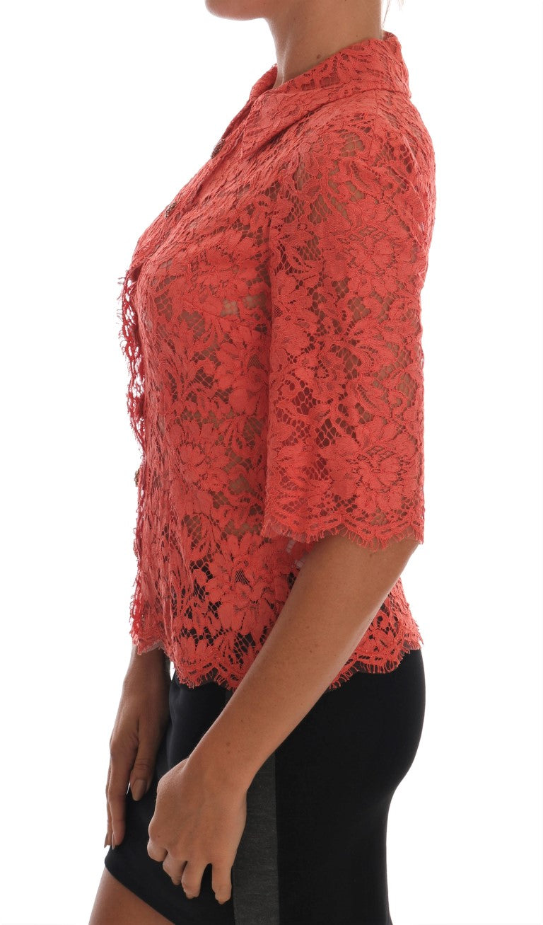 Dolce &amp; Gabbana Orange Crystal Buttons Floral Lace Blouse