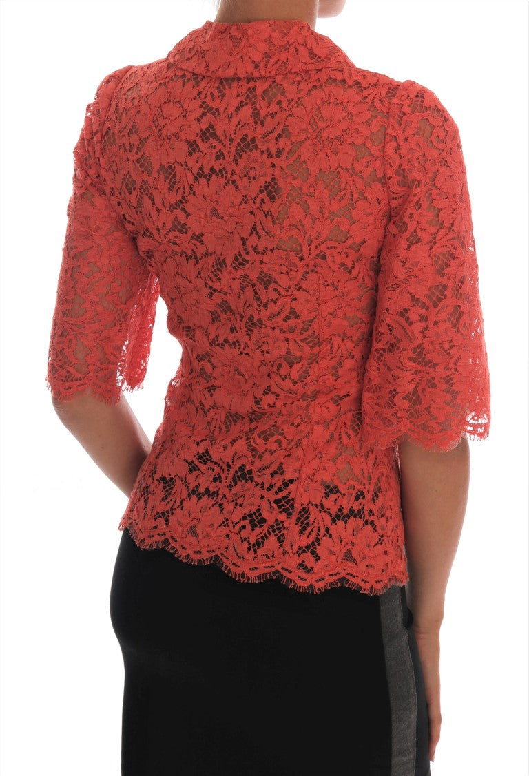 Dolce &amp; Gabbana Orange Crystal Buttons Floral Lace Blouse