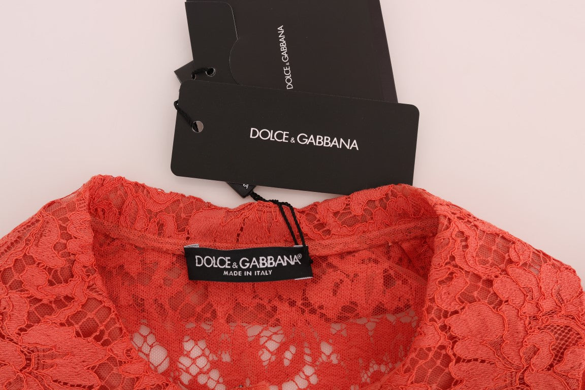 Dolce &amp; Gabbana Orange Crystal Buttons Floral Lace Blouse