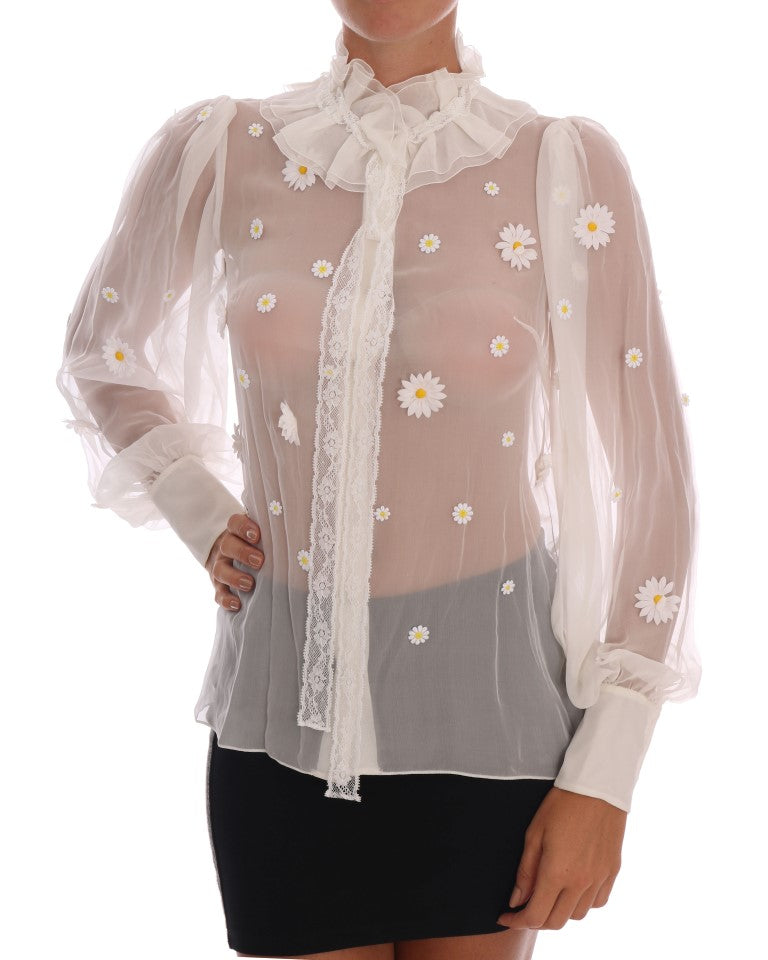 Dolce &amp; Gabbana White Daisy Applique Silk Shirt