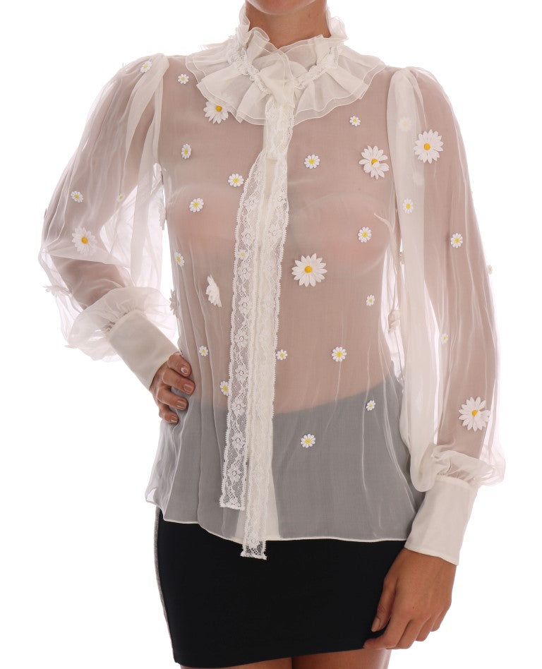 Dolce &amp; Gabbana White Daisy Applique Silk Shirt