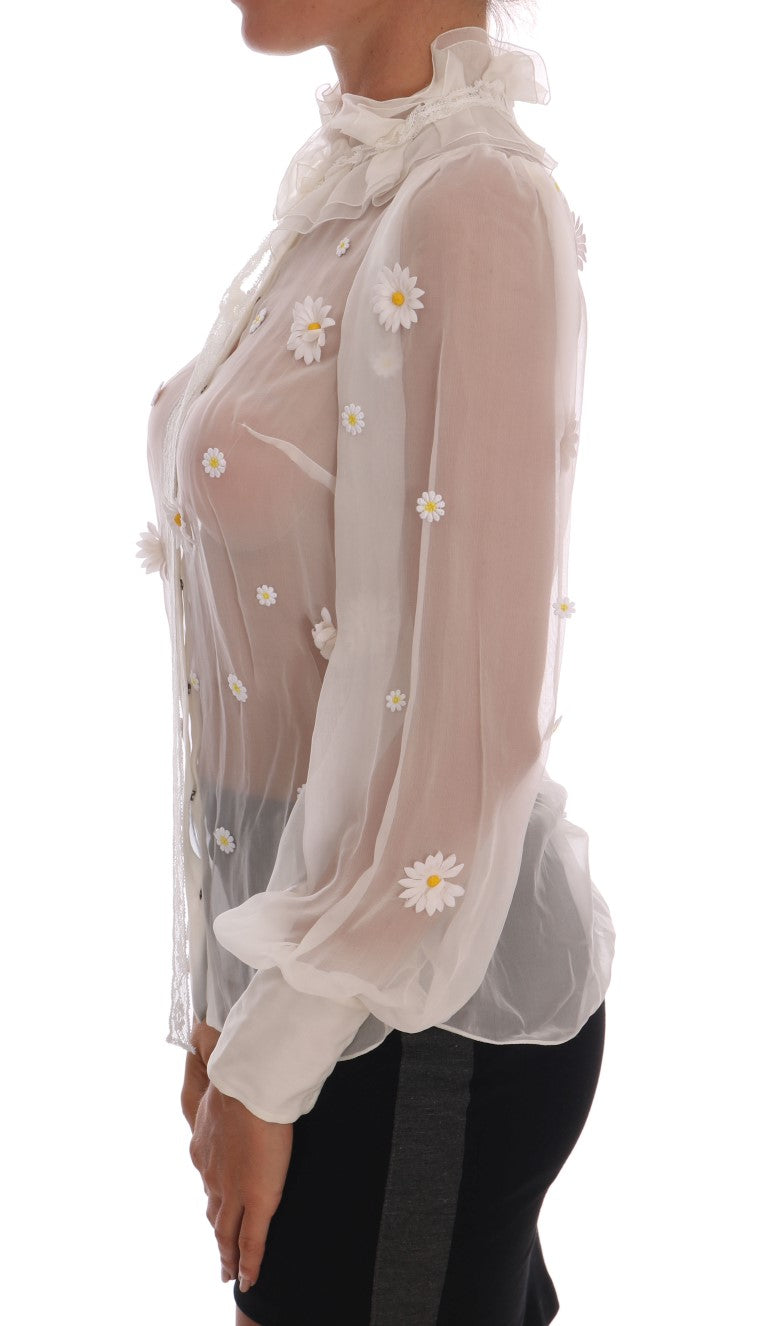 Dolce &amp; Gabbana White Daisy Applique Silk Shirt