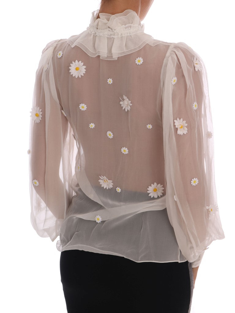 Dolce &amp; Gabbana White Daisy Applique Silk Shirt