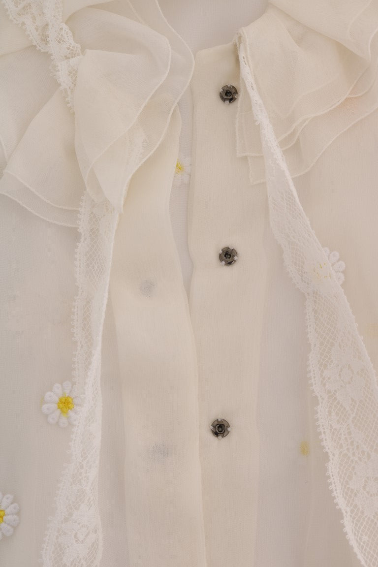 Dolce &amp; Gabbana White Daisy Applique Silk Shirt