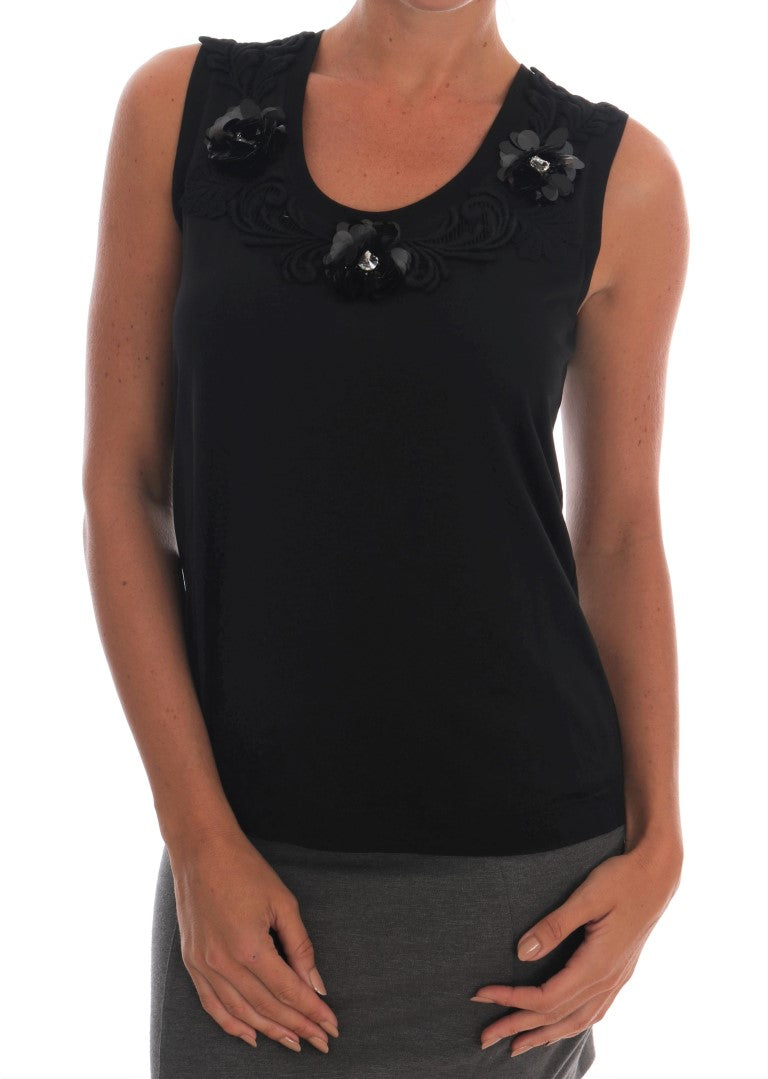 Dolce &amp; Gabbana Black Cotton Floral Crystal Tank Top