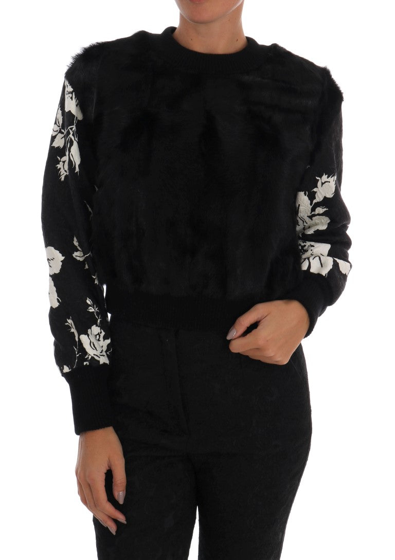 Dolce &amp; Gabbana Black Fur Floral Brocade Zipper Sweater