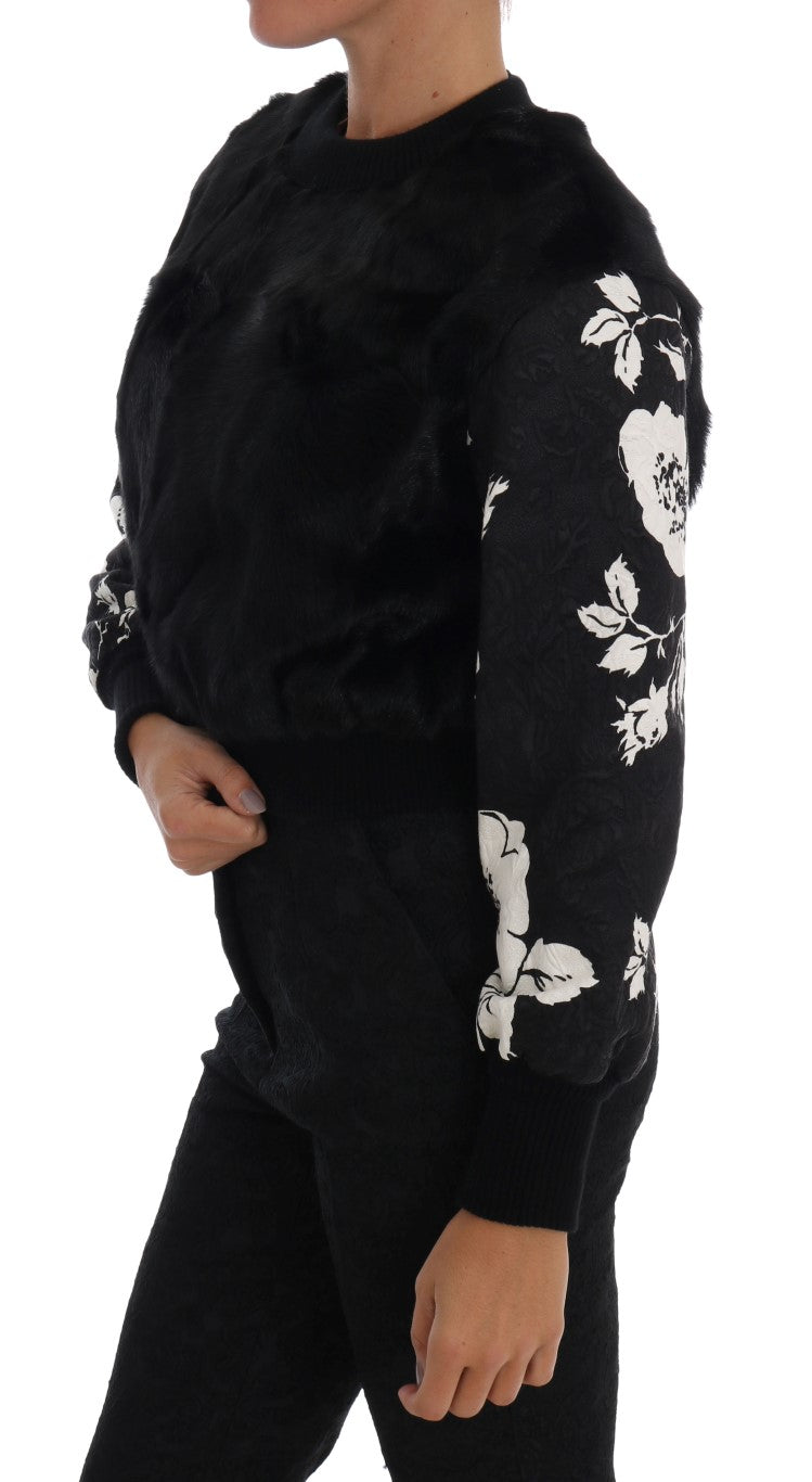 Dolce &amp; Gabbana Pullover mit Reißverschluss aus schwarzem Pelz und Blumenbrokat