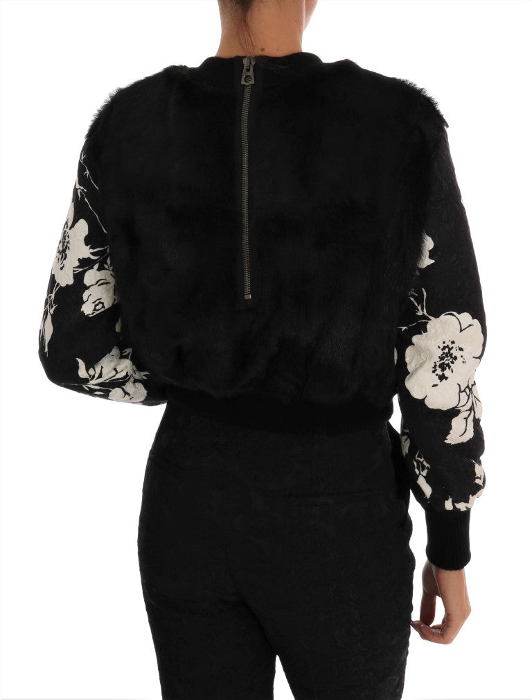 Dolce &amp; Gabbana Black Fur Floral Brocade Zipper Sweater