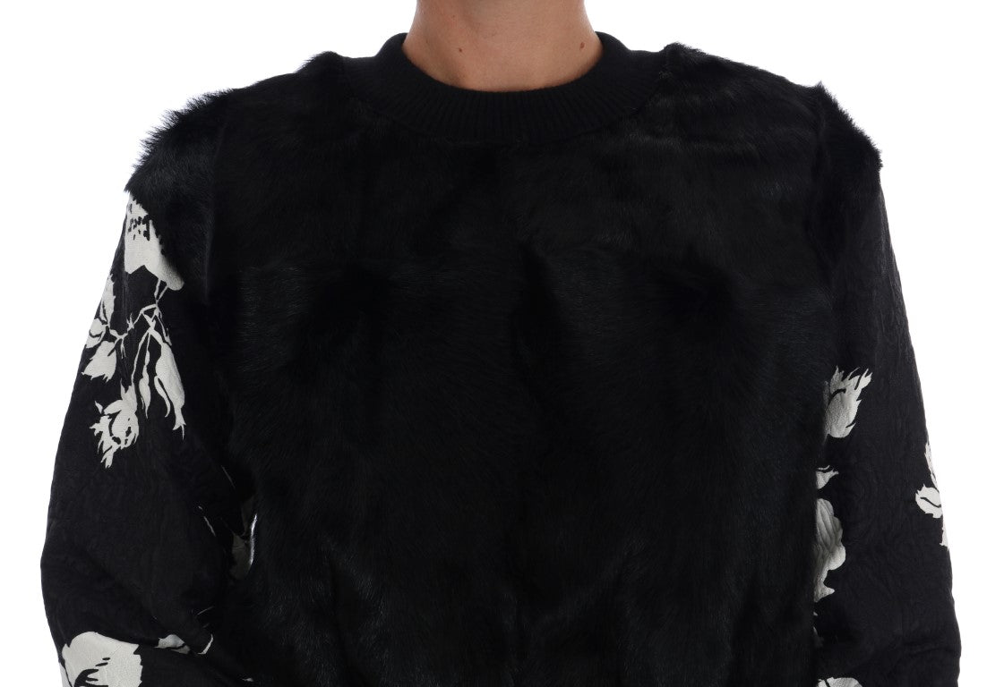 Dolce &amp; Gabbana Black Fur Floral Brocade Zipper Sweater