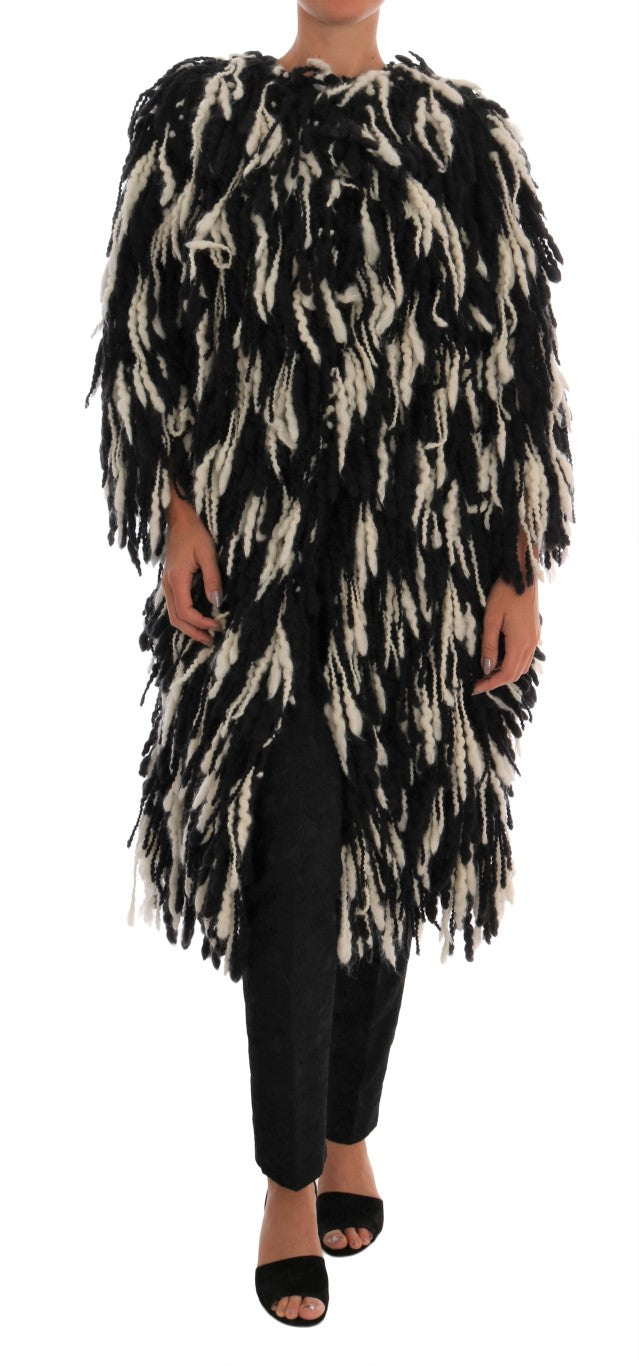 Dolce &amp; Gabbana Black White Fringes Coat Wool Coat