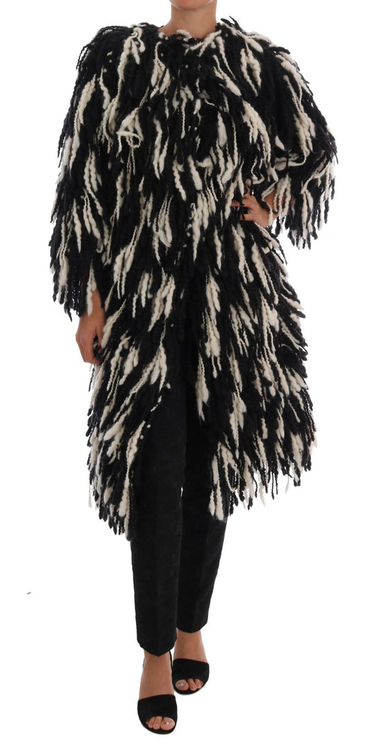 Dolce &amp; Gabbana Black White Fringes Coat Wool Coat