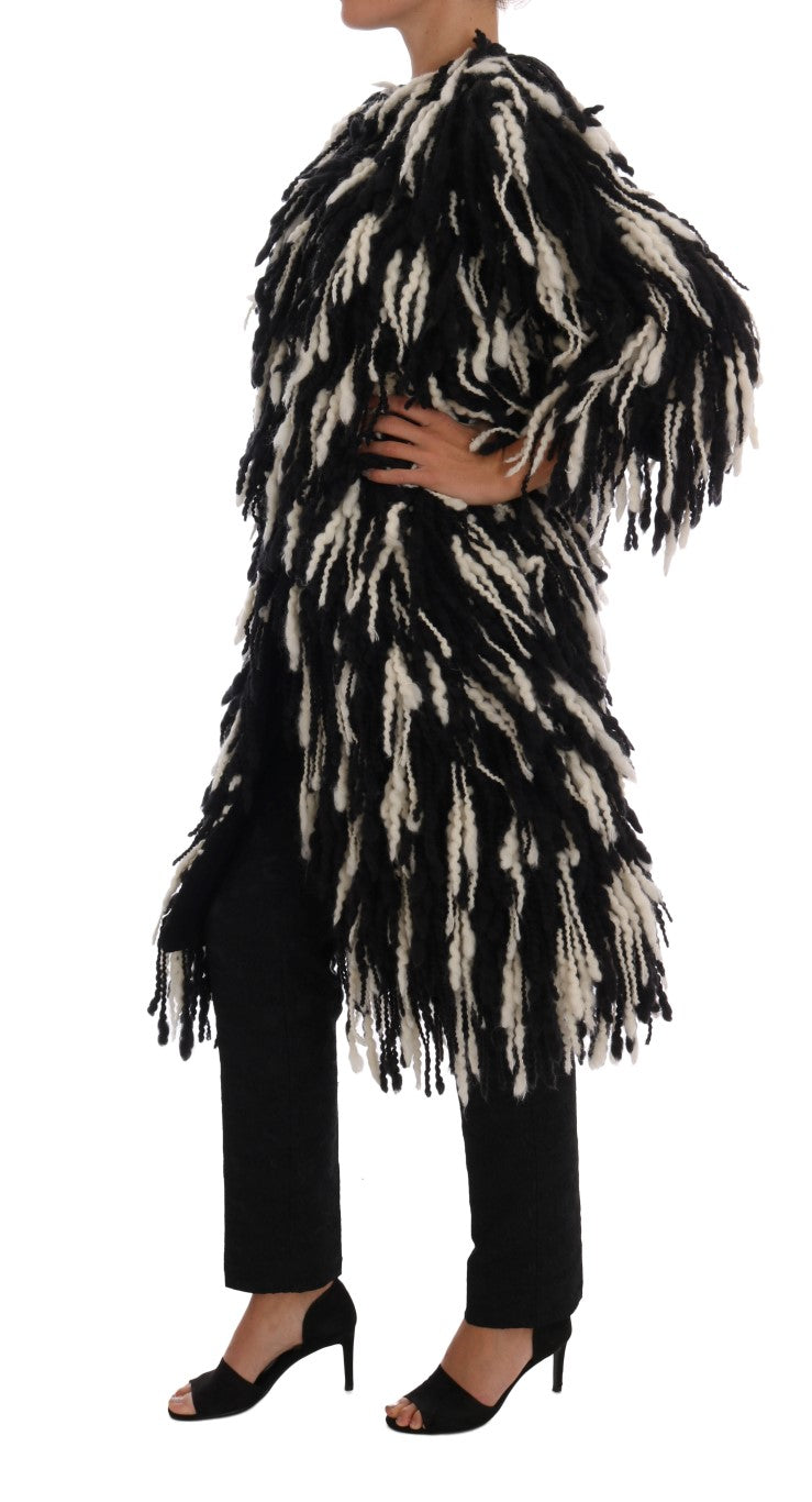 Dolce &amp; Gabbana Black White Fringes Coat Wool Coat