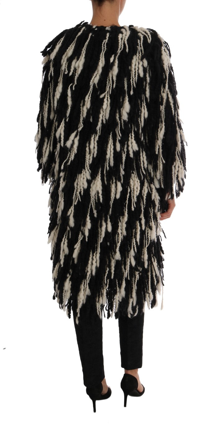 Dolce &amp; Gabbana Black White Fringes Coat Wool Coat