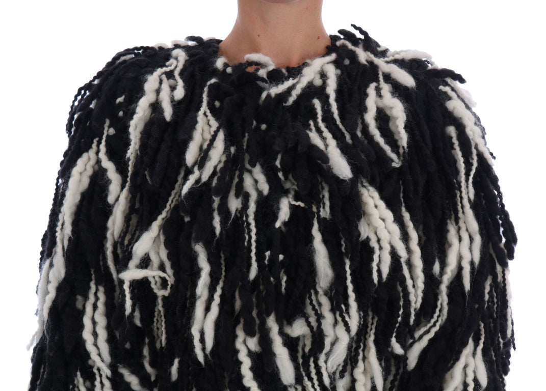 Dolce &amp; Gabbana Black White Fringes Coat Wool Coat