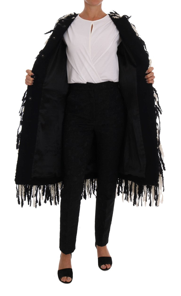 Dolce &amp; Gabbana Black White Fringes Coat Wool Coat