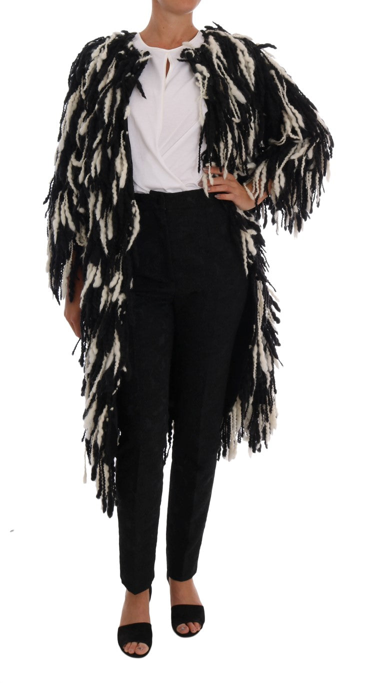 Dolce &amp; Gabbana Black White Fringes Coat Wool Coat