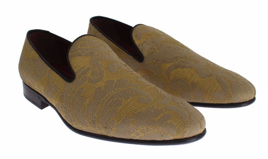 Dolce &amp; Gabbana Yellow Gold Silk Baroque Loafers Shoes