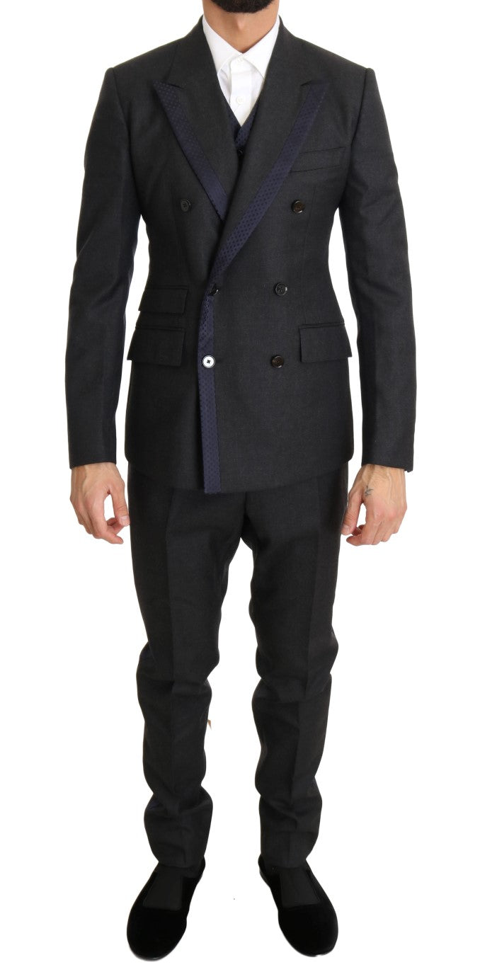 Dolce &amp; Gabbana Grey Wool Blue Silk Double Breasted Suit