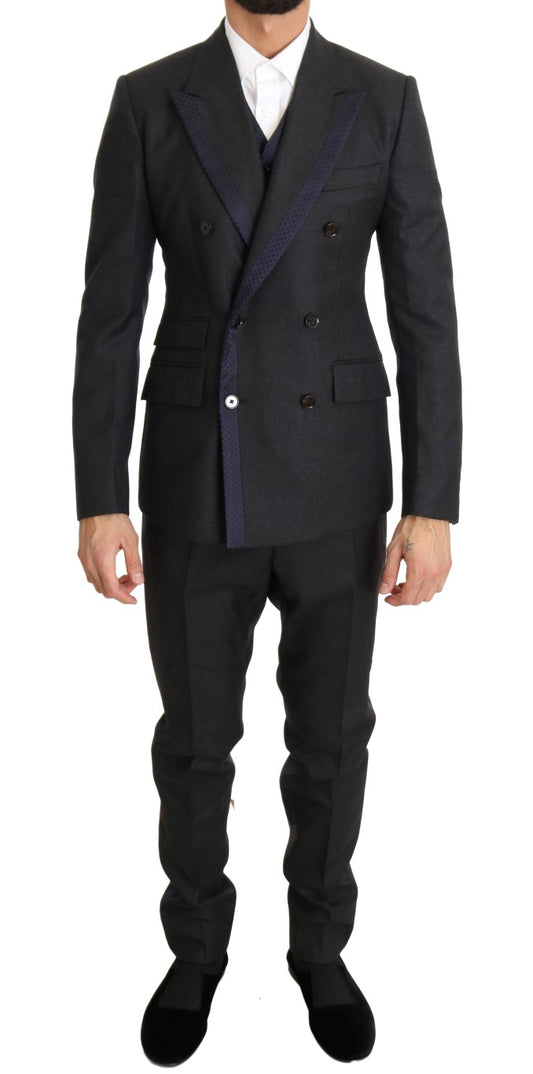 Dolce &amp; Gabbana Grey Wool Blue Silk Double Breasted Suit