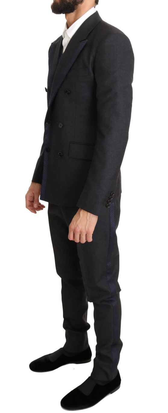 Dolce &amp; Gabbana Grey Wool Blue Silk Double Breasted Suit