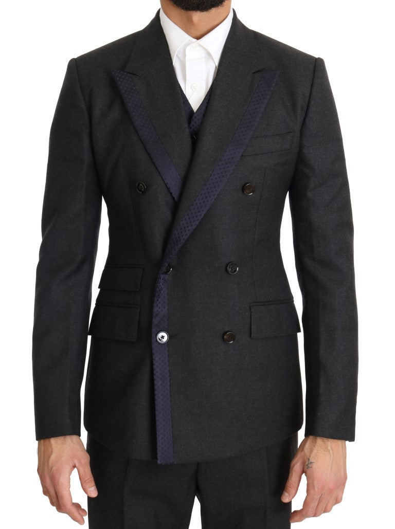 Dolce &amp; Gabbana Grey Wool Blue Silk Double Breasted Suit