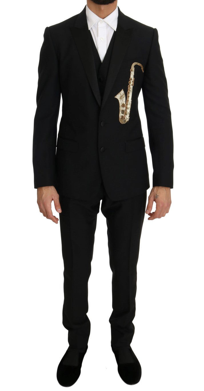 Dolce &amp; Gabbana Black Wool Silk Saxophone Slim Fit Suit