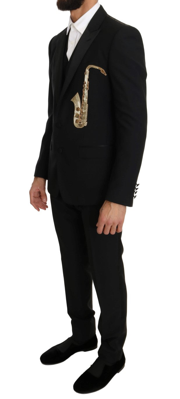 Dolce &amp; Gabbana Black Wool Silk Saxophone Slim Fit Suit