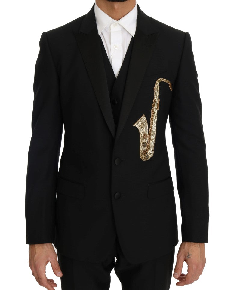 Dolce &amp; Gabbana Black Wool Silk Saxophone Slim Fit Suit