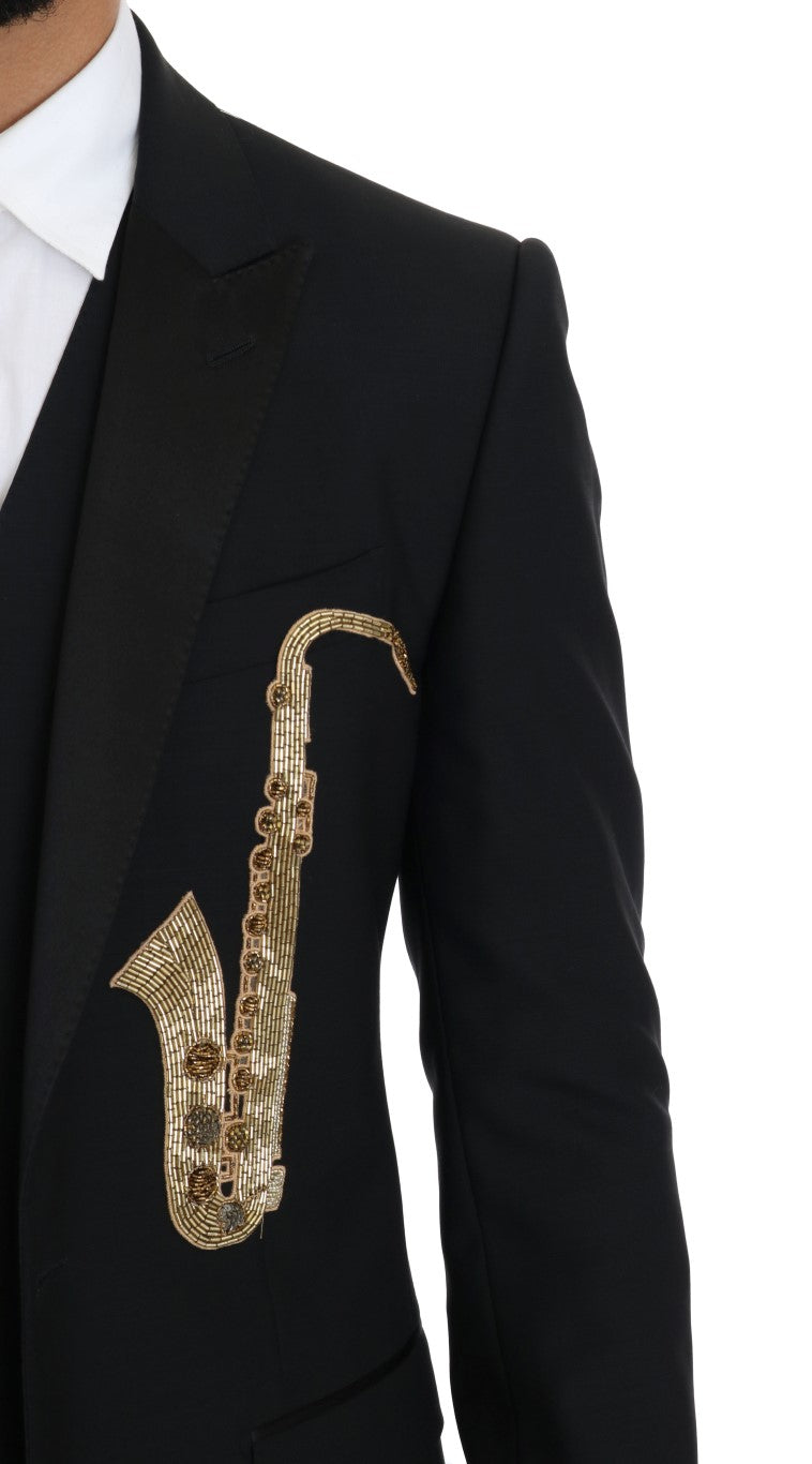 Dolce &amp; Gabbana Black Wool Silk Saxophone Slim Fit Suit