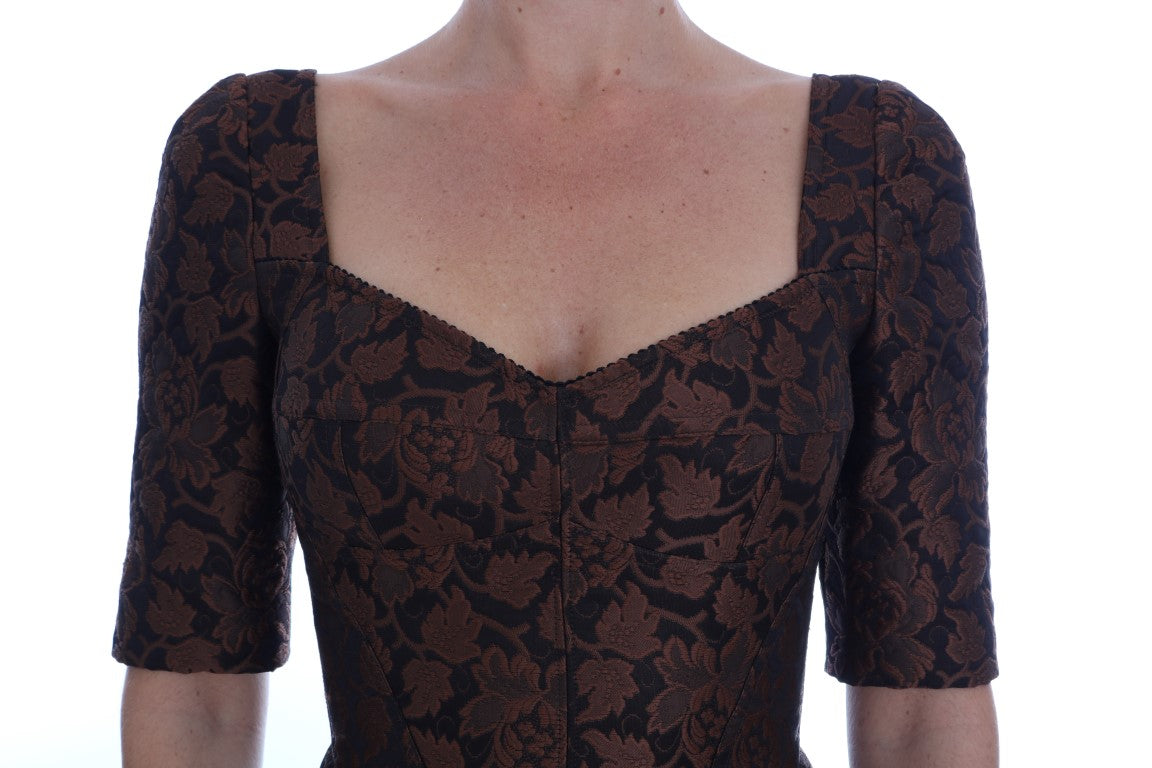 Dolce &amp; Gabbana Black Brown Floral Brocade A-Line Dress