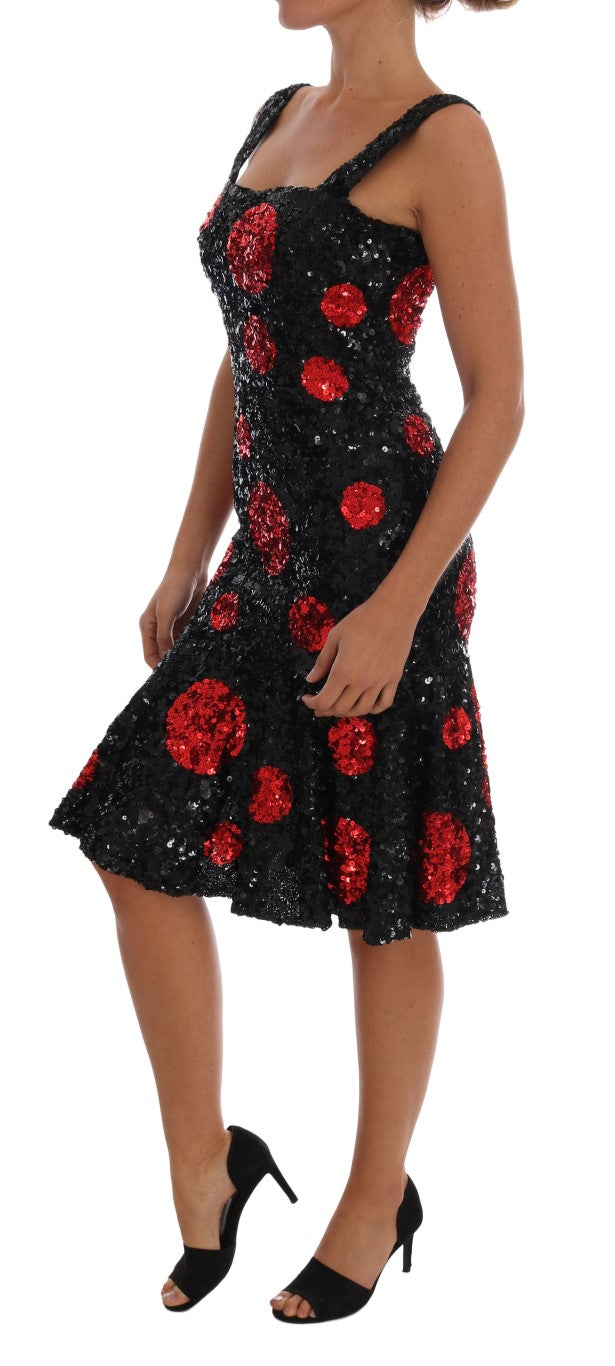 Dolce &amp; Gabbana Black Red Polka Sequined Shift Dress