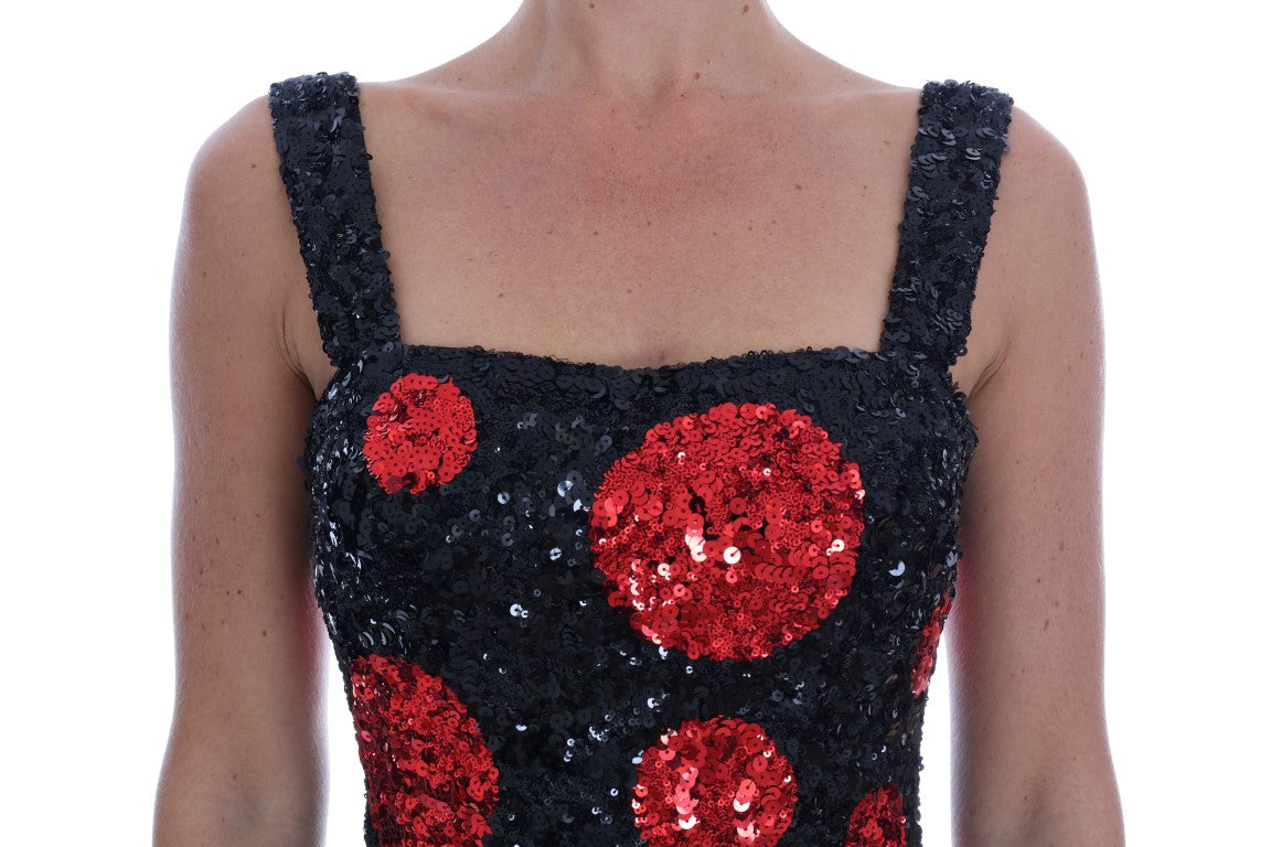 Dolce &amp; Gabbana Black Red Polka Sequined Shift Dress