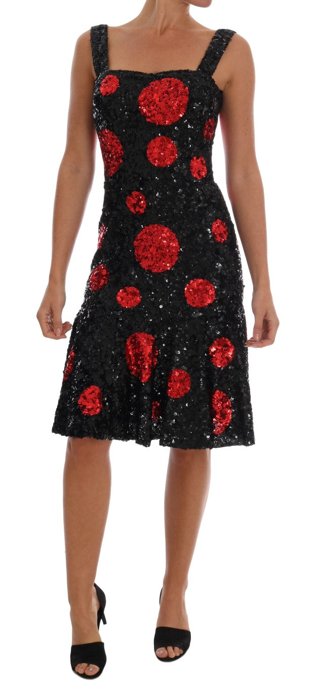 Dolce &amp; Gabbana Black Red Polka Sequined Shift Dress